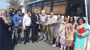 Japanese Government hands over a “Modern Transport Vehicle for Karachi Vocational Training Centre(KVTC), Consulate General of Japan in Karachi Mr. Toshikazu Isumora Presnting Donate Bus to Dr. Akhtar Aziz Khan, President of KVTC, and Senator Abdul Haseeb Khan, CEO of KVTC.