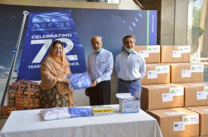 Chairman MCB Bank Mian Mohammad Mansha, President MCB Bank Mr Imran Maqbool hand over donated PPE to Punjab Health Minister Dr. Yasmin Raashid