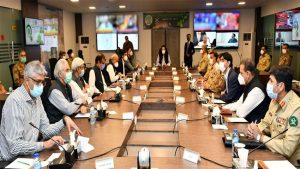 Prime Minister Imran Khan visited National Command and Operation Centre (NCOC) for COVID-19 in Islamabad today (Thursday). Army Chief was also present at the occasion. Apart from federal ministers, Prime Minister AJ &K, Chief Minister Punjab, Chief Minister Sindh, Chief Minister Khyber Pakhtunkhwa, Chief Minister Balochistan and Chief Minister Gilgit Baltistan attended the meeting via video link. Prime Minister was briefed by Federal Minister Asad Umar and Major General Asif Mehmood Goraya, DG Operations & Planning NCOC on the analysis of patterns of COVID-19 spread, pressure on hospitals, fatalities, and future Projections. PM was also briefed on the steps taken so far regarding curtailing the spread of COVID-19 across the country, enforcement of SOPs, and strategy regarding the management of disease and implementation of decisions in coordination with all the stakeholders. On the occasion, the Prime Minister Imran Khan directed that all out efforts must remain focused on controlling the disease spread. He asked to ensure availability of medicines, oxygen and beds in hospitals. Imran Khan urged complete unity amongst entire nation to fight an unusual and ominous challenge. PM also directed all Pakistanis to protect the elderly and sick especially those suffering from Heart related diseases and Diabetes. The Prime Minister, while lauding the role of NCOC, said Pakistan has navigated COVID-19 in a balanced manner. However, he cautioned everyone for utmost care. We need a unified and well-coordinated joint national response to fight the disease during the next couple of months; our actions will determine the extent of the crisis and success of our response through consensus, stated the Prime Minister. Imran Khan, while paying tributes to the sacrifices of healthcare workers, said they are doing us proud at this critical juncture and the entire nation recognises their contribution. He said that media has performed responsibly , any tendency to sensationalise must be self-checked by them. Meanwhile, the participants were especially apprised of the gaps identified and measures being taken for improvement in the healthcare system of the country to cope with the challenge, capacity building of the healthcare professionals, increased availability of beds for the patients, uninterrupted availability of crucial medicines, and sufficient supplies of oxygen. The participants through a consensus resolved to continue the strategy of balance between life and livelihood being pursued. It was reiterated that while businesses must remain open, strict implementation of SOPs will be ensured through awareness and administrative actions. Smart lock downs in hot spots identified through use of technology tools recently deployed and developed by NCOC will be ensured. The forum was also briefed on the use of digital technology for contact tracing and disease projection. It was informed that during the last four days, there is a decline in the number of cases tested positive. Chief Ministers of all the provinces and Prime Minister AJ&K briefed the forum about the steps being taken in their respective areas and unanimously acknowledged the support provided by the Federal Government in all respects.