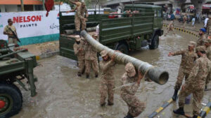 Rescue teams working in rain-affected areas in Karachi