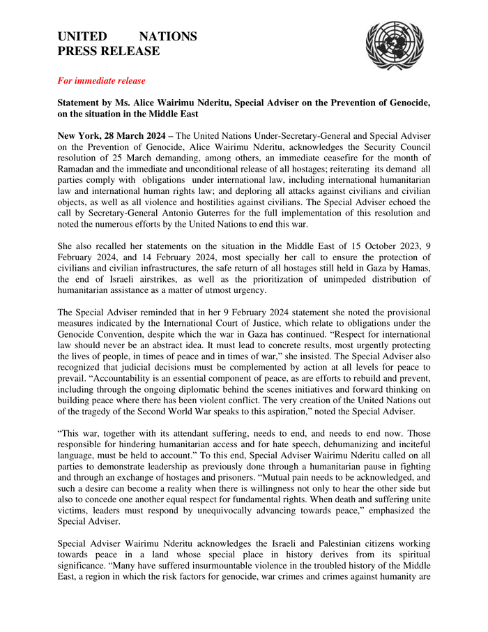 Statement by Ms. Alice Wairimu Nderitu, Special Adviser on the Prevention of Genocide, on the situation in the Middle East