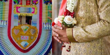 Prepared a 35 feet long garland of notes for the groom in Bhakkar.