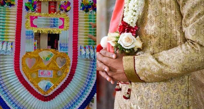 Prepared a 35 feet long garland of notes for the groom in Bhakkar.
