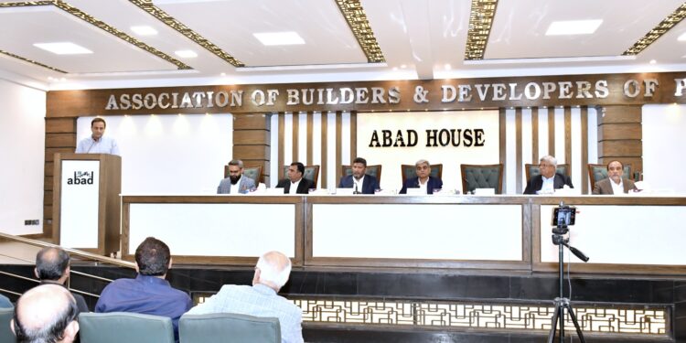 Mayor Karachi barrister Murtuza Wahab addressing a meeting at ABAD House.