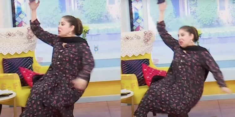 WATCH: Mishi Khan falls off sofa during live show