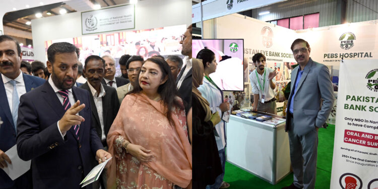 Syed Mustafa Kamal after inaugurating the Health Asia Exhibition Visiting Pakistan Eye Bank Society PEBS Hospital Stall at Expo Center