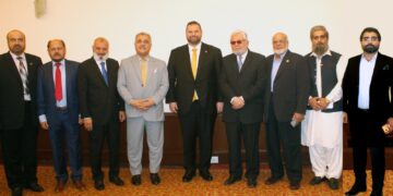 A group photo was taken at a dinner hosted by Dr. Dan Stoenescu Ambassador of Romania to Pakistan