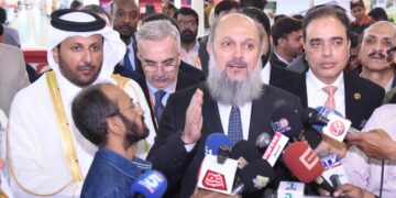 Honorable Federal Minister for Commerce of Pakistan is talking to the media at the inauguration ceremony of FoodAg 2025 in Expo Center, Karachi.