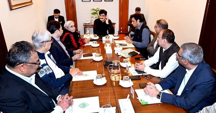 Sindh Chief Minister Syed Murad Ali Shah presides over a meeting regarding a new 600-bed Larkano hospital project at CM House.