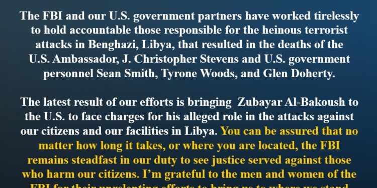 Third Coconspirator in Fatal Benghazi Attacks in U.S. Custody, Charged in Washington D.C. with Murder and Terrorism Counts