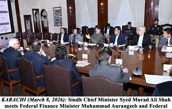 Sindh Chief Minister Syed Murad Ali Shah meets Federal Finance Minister Muhammad Aurangzeb and Federal Petroleum Minister Ali Pervaiz Malik at the CM House
