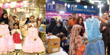 JDC welfare Foundation Pakistan General Secretary Zafar Abbas with others present clothes  to the Children during  Free Eid  bazaar under the title of the “Maa hum bhi Eid Manyen gay” 