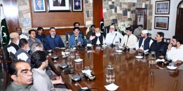 Sindh Chief Minister Syed Murad Ali Shah, flanked by provincial ministers and transporters’ office-bearers,