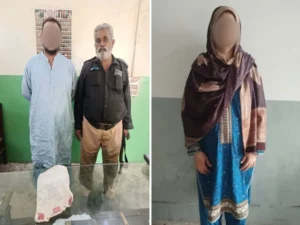 Police in Karachi Kemari showing recovered hashish after arrest of husband and wife in drug trafficking raid.