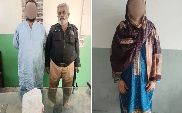 Police in Karachi Kemari showing recovered hashish after arrest of husband and wife in drug trafficking raid.