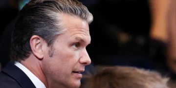 Pete Hegseth speaking during a Nato defence meeting in Brussels.