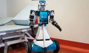 Humanoid healthcare robot assisting a patient in a hospital ward in Milan