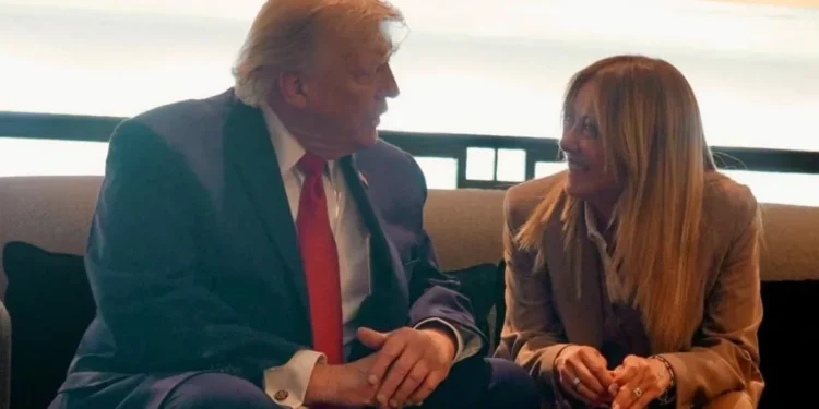 Italy’s Prime Minister Giorgia Meloni speaking after responding to remarks made by US President Donald Trump