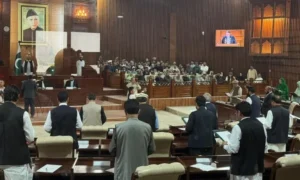 Members of the Gilgit-Baltistan Assembly during the oath-taking ceremony in Gilgit.