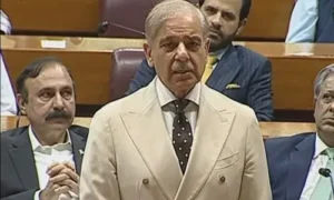 Prime Minister Shehbaz Sharif speaks in the National Assembly about mediation efforts during the Burgenstock summit.