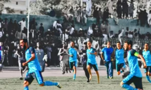 Former Pakistan Police football players performing security duties in Quetta.