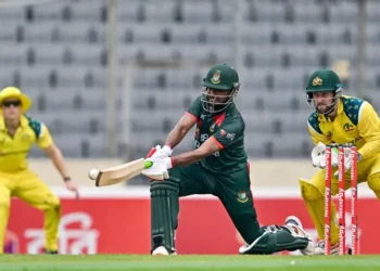 Mosaddek Hossain celebrates his match-winning performance against Australia in Dhaka.