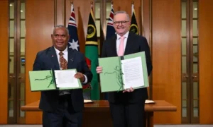 Officials from Australia and Vanuatu during the signing of the Nakamal Agreement on security and economic cooperation.
