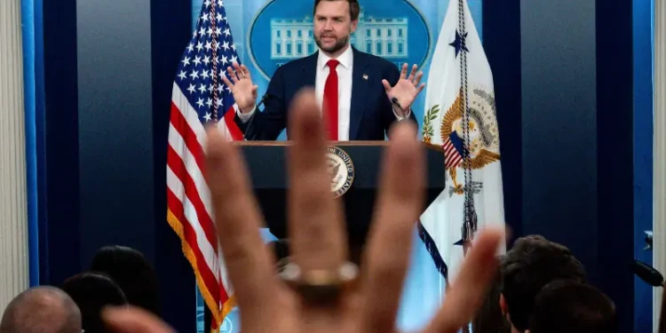 US Vice President JD Vance addressing press briefing on Iran war negotiations and provisional peace talks between US and Iran.