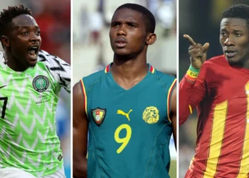 Collage of famous African World Cup football kits including Nigeria, Cameroon, Ghana, Senegal, Algeria, and Zaire jerseys.