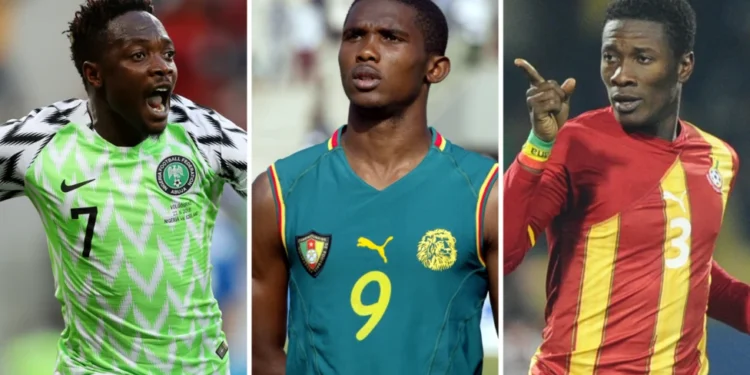 Collage of famous African World Cup football kits including Nigeria, Cameroon, Ghana, Senegal, Algeria, and Zaire jerseys.