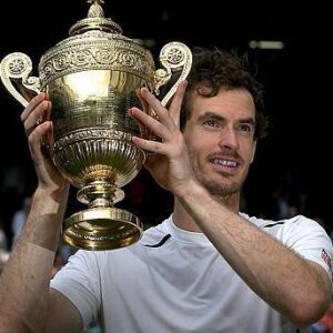 Andy Murray holding the Wimbledon men's singles trophy after winning the 2016 championship.