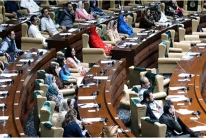 Sindh Assembly members participate in heated budget debate in Karachi.