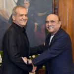 Pakistan President Asif Ali Zardari meeting Iranian President Masoud Pezeshkian in Islamabad during official visit.