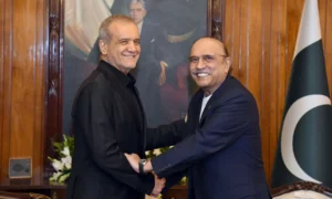 Pakistan President Asif Ali Zardari meeting Iranian President Masoud Pezeshkian in Islamabad during official visit.