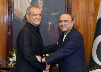 Pakistan President Asif Ali Zardari meeting Iranian President Masoud Pezeshkian in Islamabad during official visit.