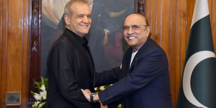 Pakistan President Asif Ali Zardari meeting Iranian President Masoud Pezeshkian in Islamabad during official visit.
