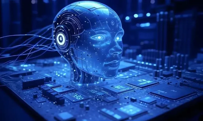 Artificial intelligence concept showing humanoid robots and advanced digital technology representing the future of AI.