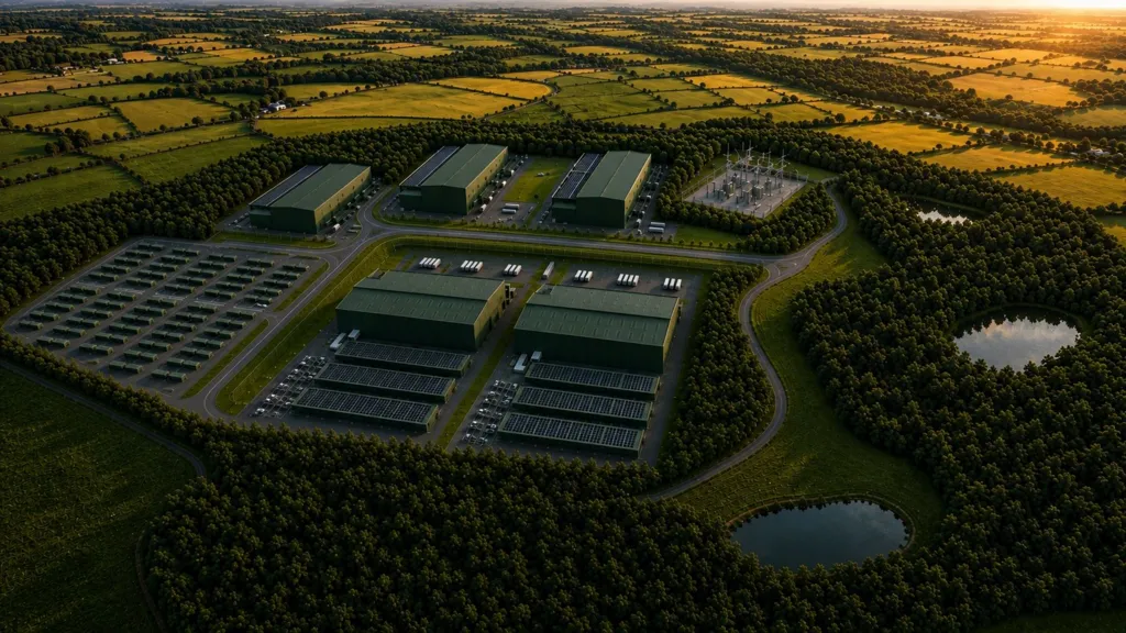 Illustration of a proposed artificial intelligence data centre development in the Devon countryside.