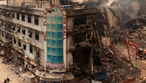 Burnt remains of Gul Plaza shopping centre in Karachi following a major fire incident on MA Jinnah Road