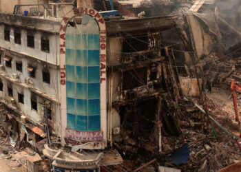 Burnt remains of Gul Plaza shopping centre in Karachi following a major fire incident on MA Jinnah Road