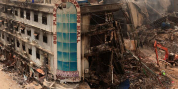 Burnt remains of Gul Plaza shopping centre in Karachi following a major fire incident on MA Jinnah Road