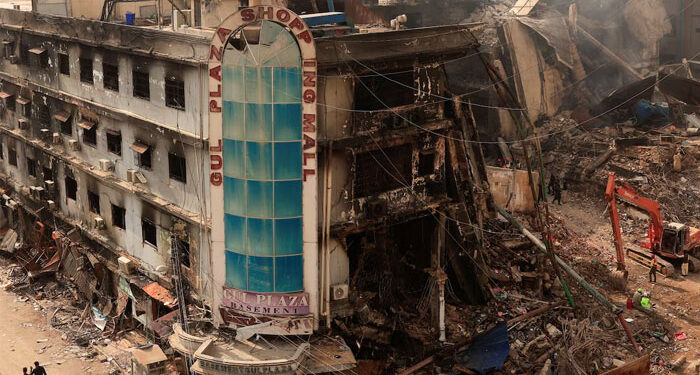 Burnt remains of Gul Plaza shopping centre in Karachi following a major fire incident on MA Jinnah Road