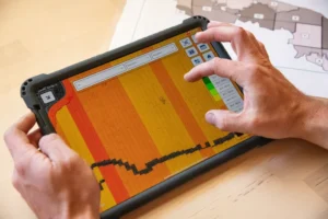 Farmer using digital technology and artificial intelligence tools for modern agricultural planning.