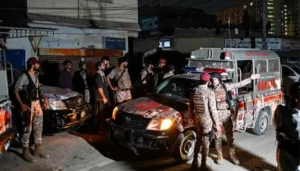 Pakistan Rangers personnel conducting security operations following the attack in Karachi.