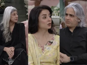 Sarwat Gilani, Omair Rana and Naveen Naqvi speaking during a discussion about grief and loss.