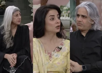 Sarwat Gilani, Omair Rana and Naveen Naqvi speaking during a discussion about grief and loss.