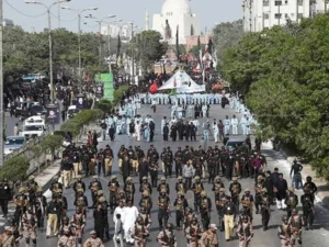 Central 8th Muharram procession preparing to depart from Nishtar Park in Karachi under tight security.