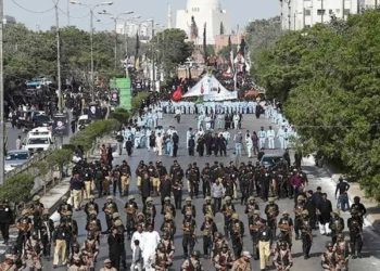 Central 8th Muharram procession preparing to depart from Nishtar Park in Karachi under tight security.