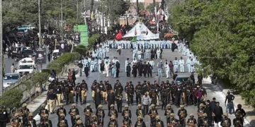 Central 8th Muharram procession preparing to depart from Nishtar Park in Karachi under tight security.