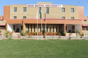 International diplomats and Pakistani academics speaking at DHA Suffa University seminar on Middle East crisis and Pakistan’s diplomatic role.